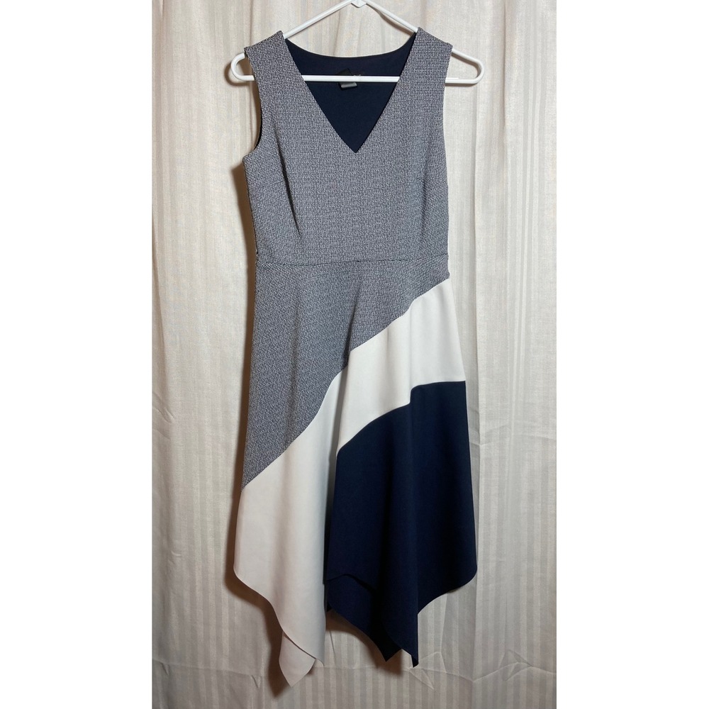 Geometric‎ Enfocus Studio Womens Navy White Colorblock Handkerchief Hem Dress 4